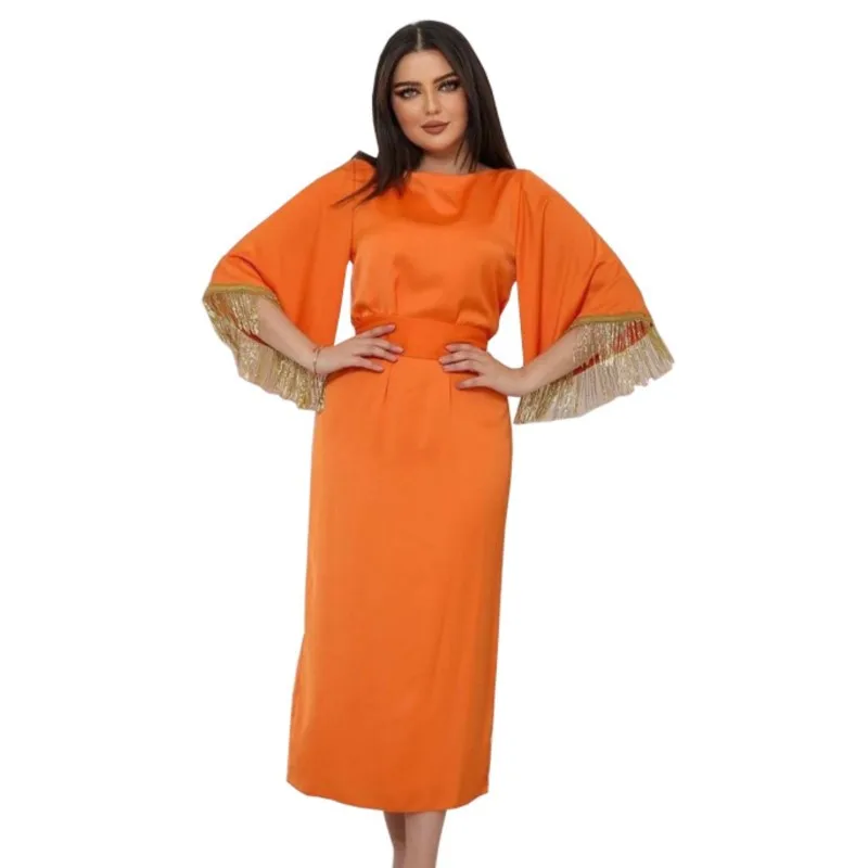 Sexy Maxi Dress Women's Ethnic Costume Robe Elegant Muslim African Dress Orange Tassel Neck Waist Long Sleeves 2023 New Vestidos