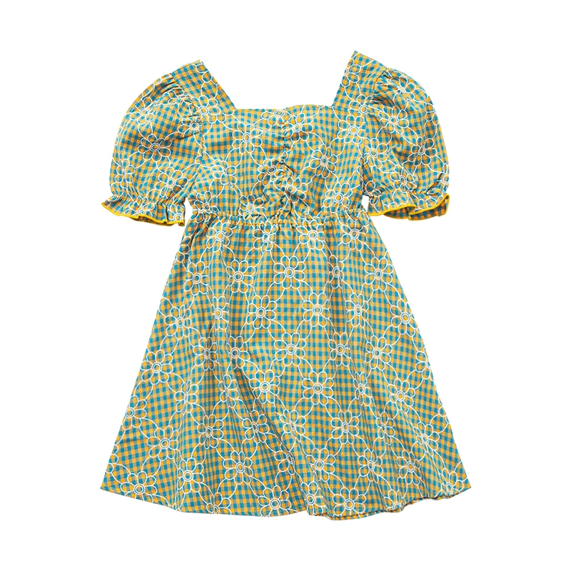 

4 To 14 Years Kids and Teen Girls Fashion Backless Retro Dress 2022 Summer New Plaid Children Holiday Clothing Cotton, #6793