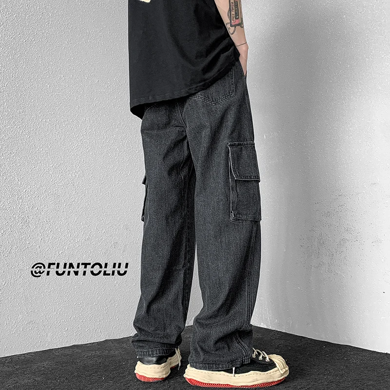 Blue/Black Baggy Jeans Men Fashion Oversized Pocket Cargo Jeans Men Streetwear Hip Hop Loose Straight Denim Pants Mens Trousers