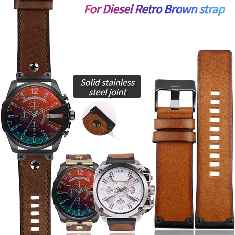 

26mm watch strap leather For Diesel DZ4318 DZ4283 DZ4281 DZ4323 DZ7343 Vintage brown cowhide watch band Retro men's bracelet