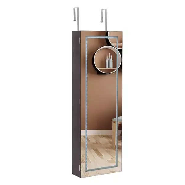 

Full length MIRROR cabinet Wooden wall mounted 4 shelf endoscope 3 color LED light jewelry storage mirror cabinet - dark brown