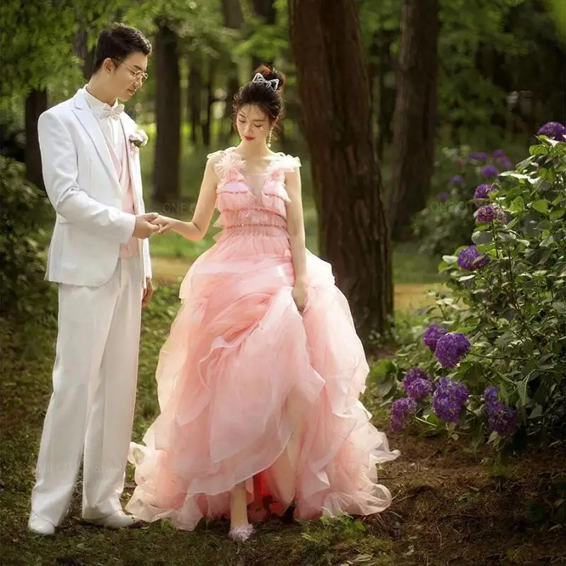 

Sexy Illusion V-neck Robe De Mariee Fashion Flower Spaghetti Straps A Line Wedding Dresss Sweet Pink Long Sukienka Na Wesele