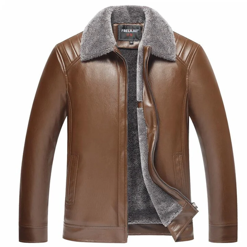 mens leather jacket autumn winter  velvet motorcycle faux leather coat men jackets middle-aged pu clothes lapel black brown