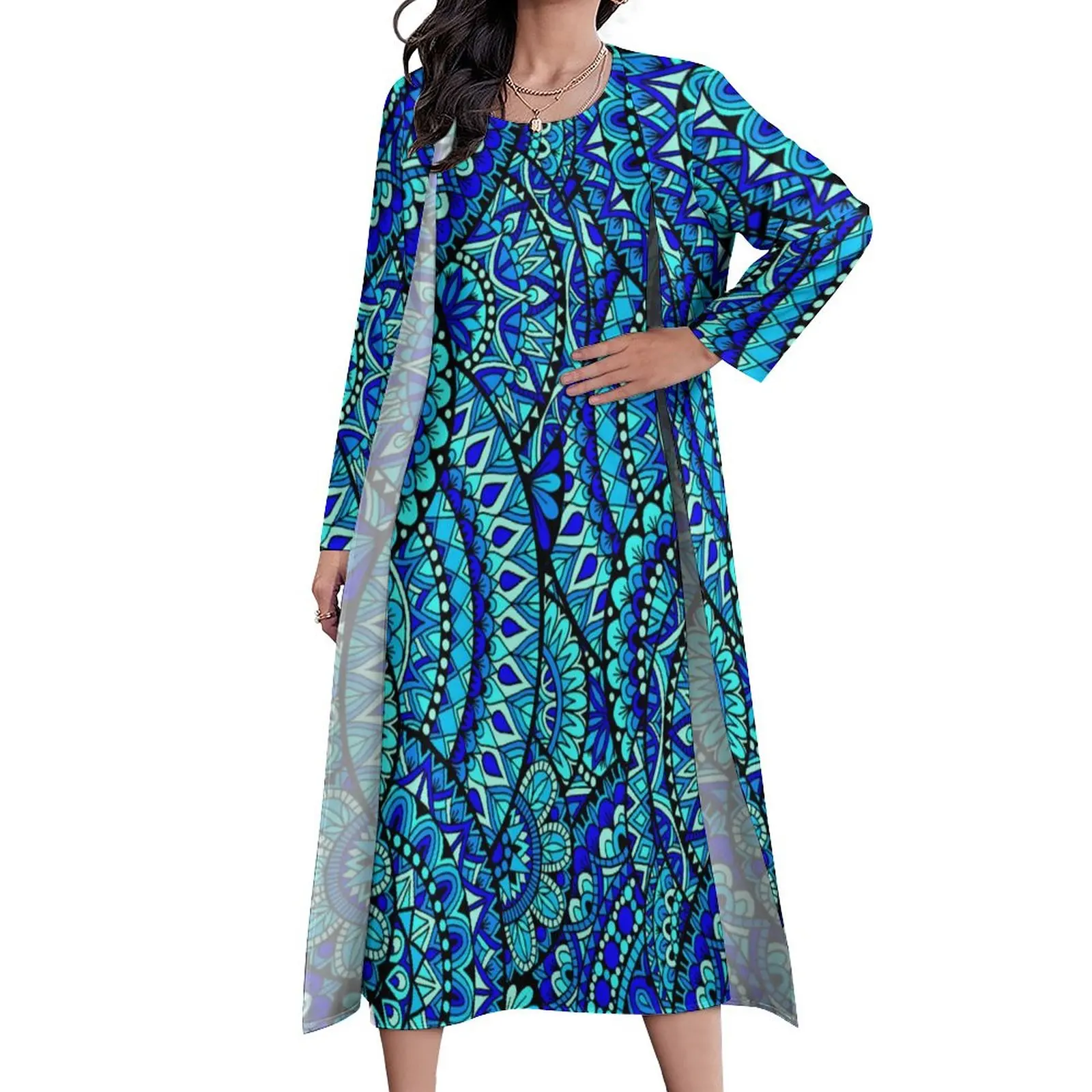 

Ocean Mandala Print Dress Abstract Flower Party Maxi Dress Street Wear Boho Beach Long Dresses Autumn Two Piece Design Clothing