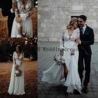 ivory chiffon a line country wedding dresses with applique long sleeves deep v neck bridal wedding gowns