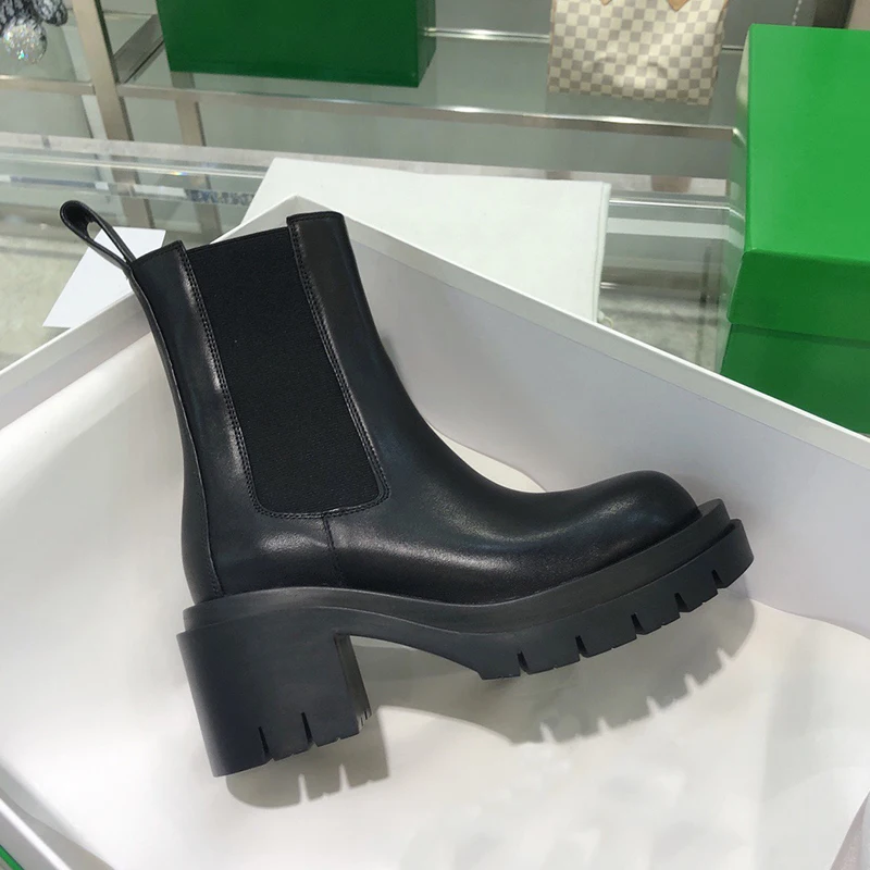 

Winter Shoes for Women Black Leather Thick High Heels Zapatos Mujer Martens Elastic Mid-Leg Ankle Boots Femme Chelsea Botas