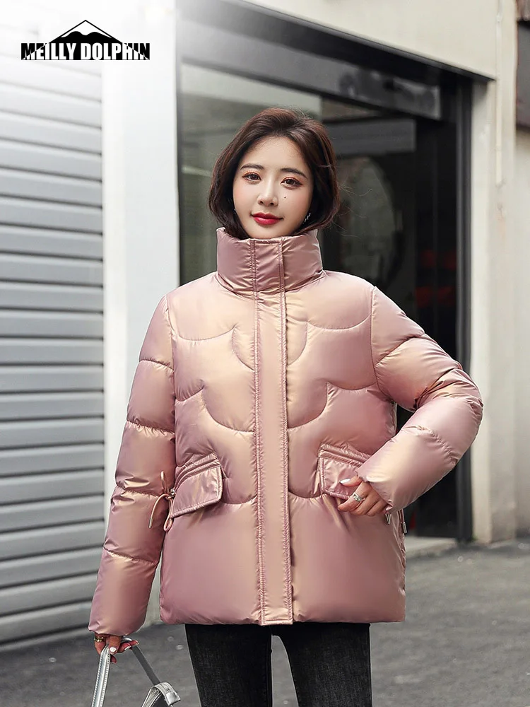 New 2022 Glossy Stand Collar Cotton Padded Winter Jacket Women Short Casual Autumn Winter Clothes Student Coat Female