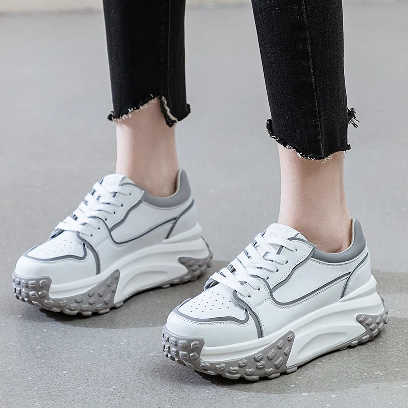 Fashion 6cm 2023 New Genuine Leather Platform Wedge Casual Chunky Sneakers Women High Brand Spring Autumn Vulcanize Woman Shoes