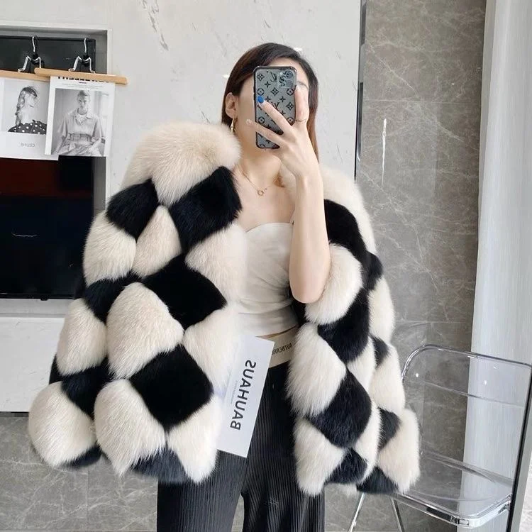 Women's New Imported Finnish Checkerboard Real Fox Fur Coat Luxury Thick Warm Fur Jacket Casual Streetwear Women Outerwear enlarge