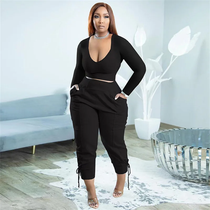 5xl Plus Size Sets For Women Solid Shirt And Bandage Pencil Pants 2022 Autumn Two Piece Set Fashion Sweatshirt Wholesale Clothes
