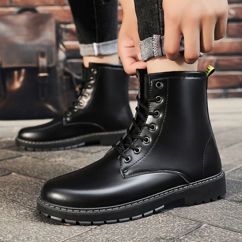 

Men's Boots High Top British Casual Shoes Spring And Autumn Waterproof Snow Plush Cotton Shoes Middle Gang Work Boots