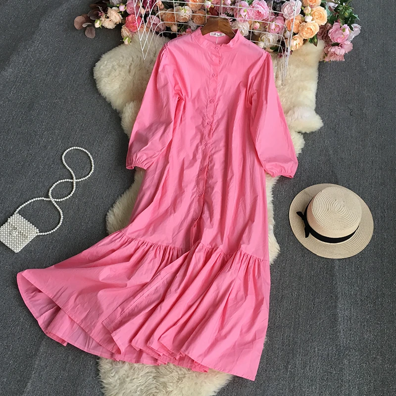 

SuperAen 2022 Summer Solid STAND Mid-Calf Loose Straight Casual Flounced Edge Dress for Women