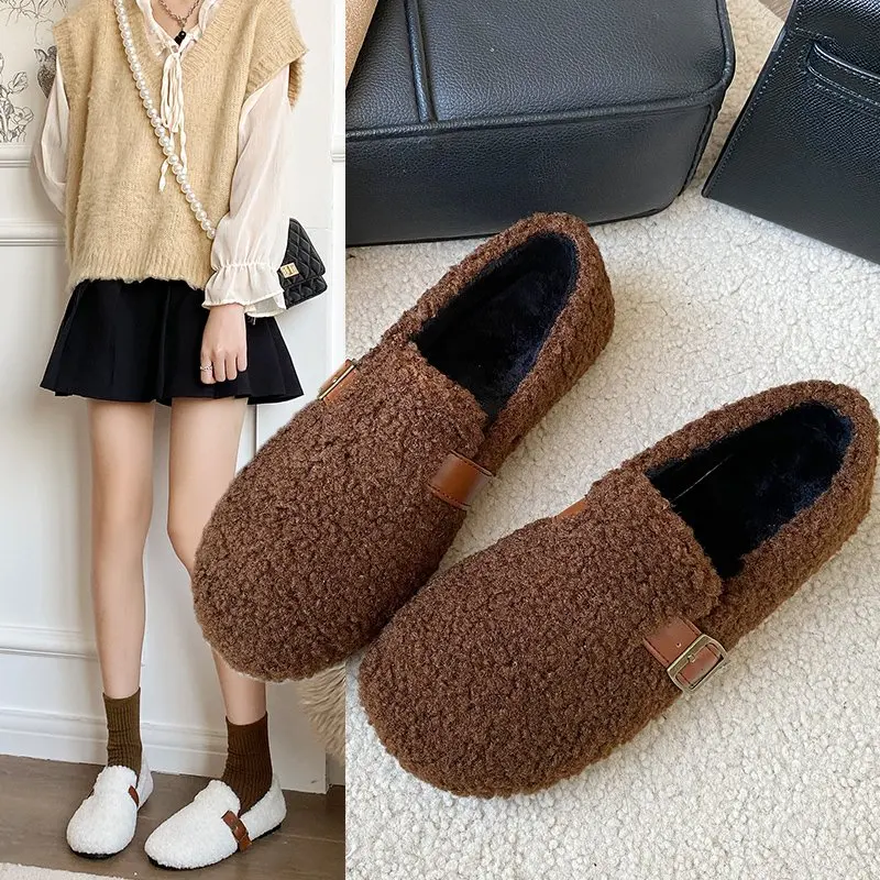 

Round Toe Shoes Woman Flats Loafers Fur Autumn Modis Casual Female Sneakers Slip-on Shallow Mouth Dress Fall Winter Moccasin New