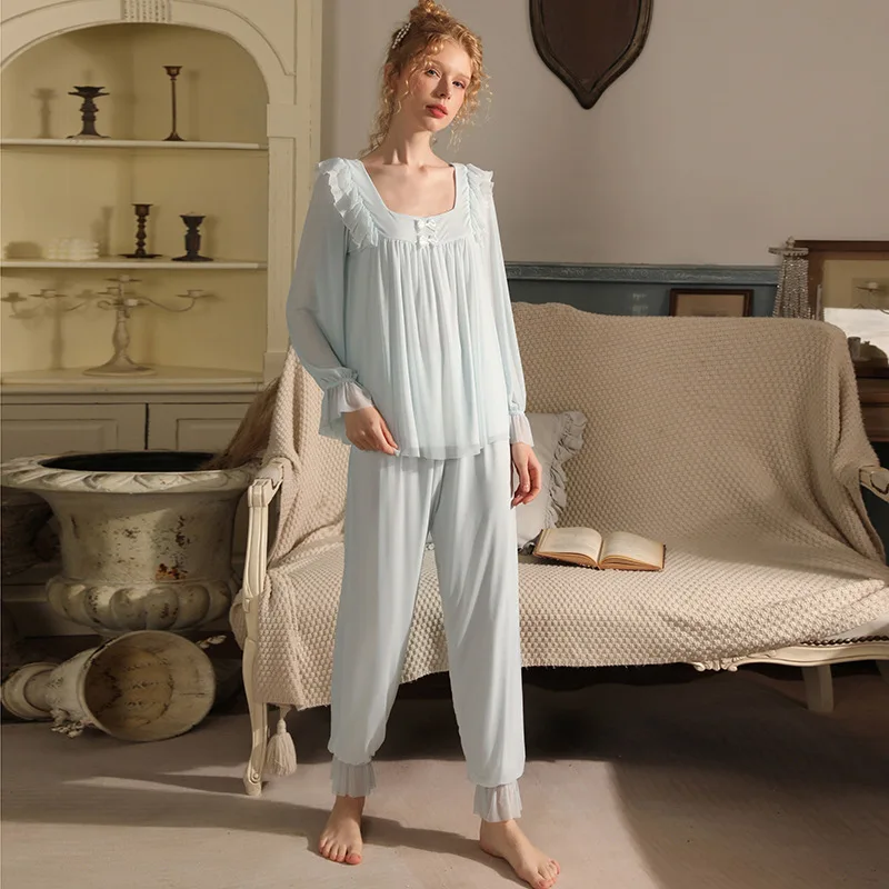 

Women's Retro Elegant Square Collar Stringy Selvedge Light Thin Mesh Modal Pajama Sets Comfort Sleepwear Pajamas