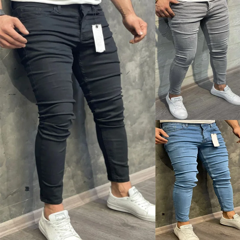 Mens Jeans Elastic Tight Legged Jeans Solid Pencil Pants Streetwear Men Skinny Denim Jeans Full Length Trousers
