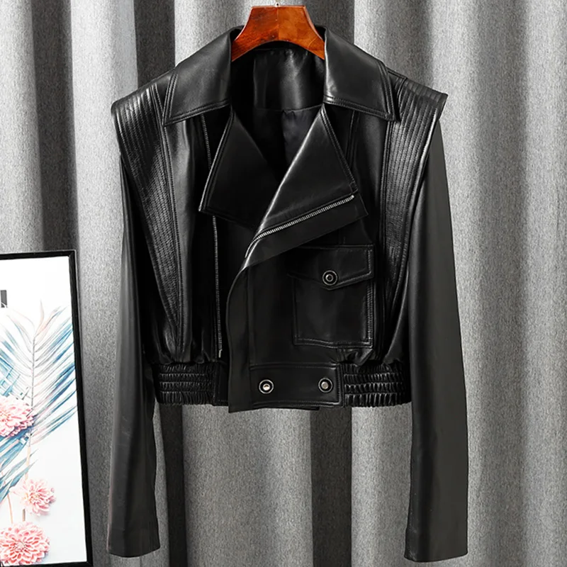 New Arrivals Genuine Leather Jackets 2023 Sheepskin Bomber Jackets Lady Short Jacket Black White Motorcycle CL4154