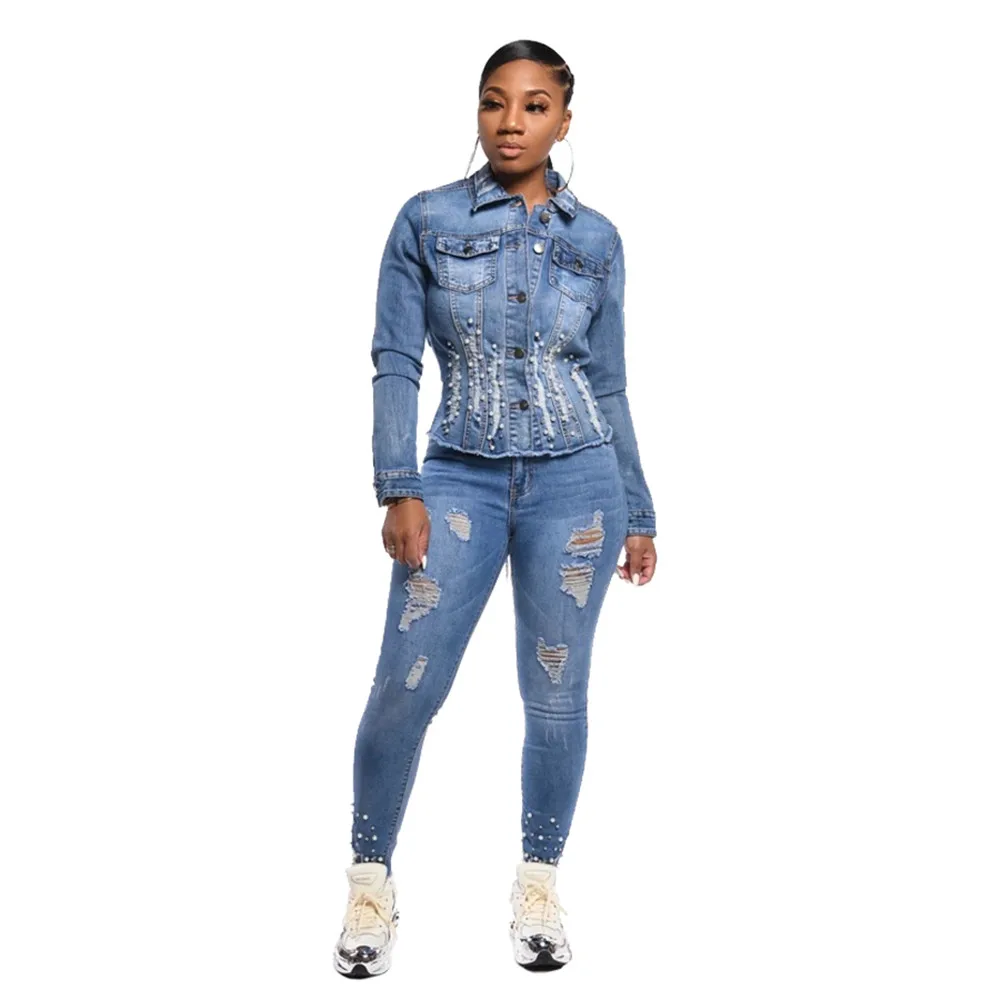 Новое зимнее женское модное однотонное джинсовое пальто с жемчугом приталенное