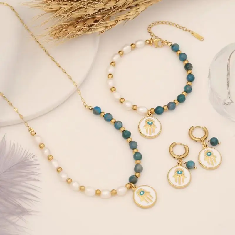 

Jewelry Set For Women Fashion Natural Stone Pearl Palm Eye Gold Color Chain Stainless Steel Necklace Bracelet Earring Party Gift