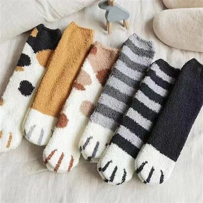 

Plush Winter Cute Style Cat Paw Cartoon Pattern Women Cotton Socks Super Soft For Female Stay in the house Sleeping Floor Sox