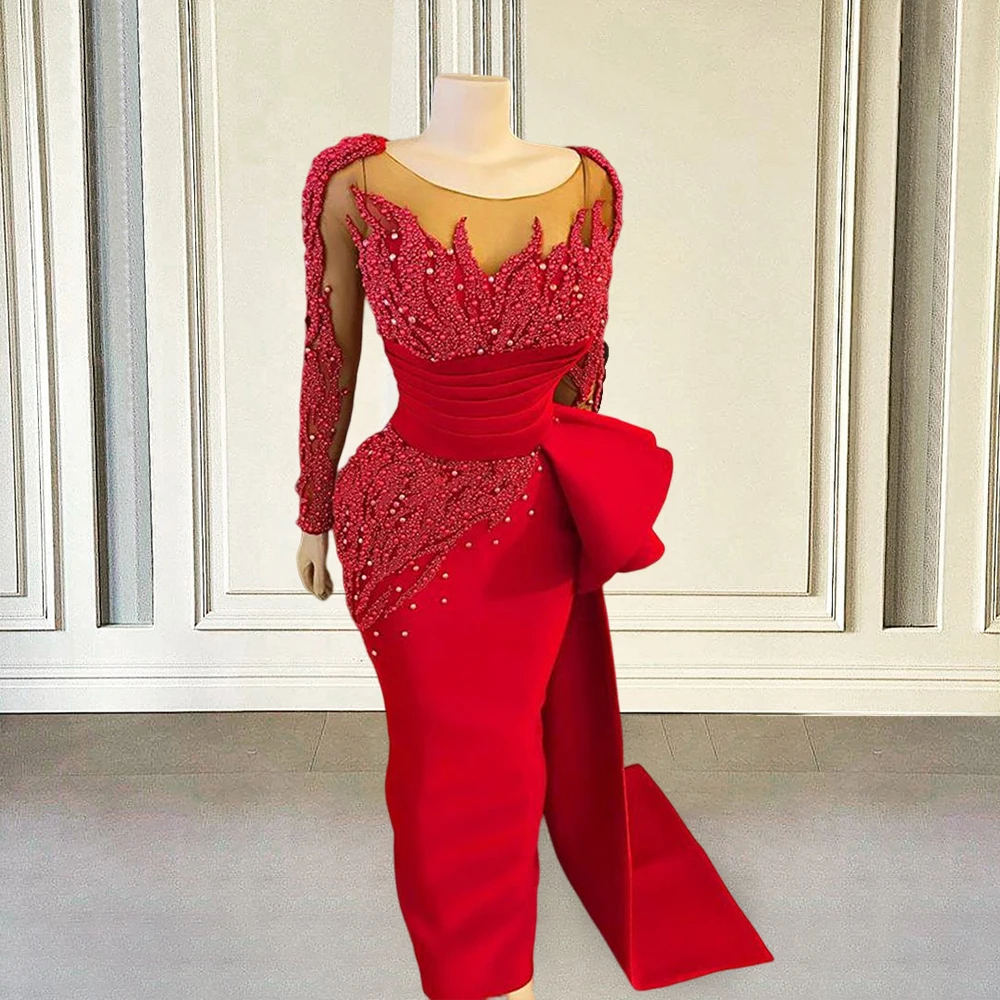 

Женское платье с длинным рукавом и оборками, красное атласное платье с бусинами, роскошное платье для выпускного вечера, модель 2022 Дубая