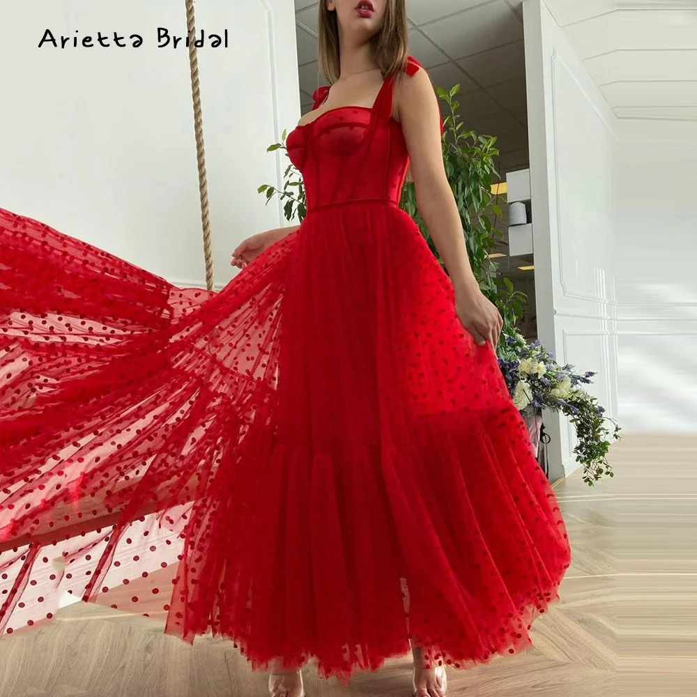 

Arietta Red Polka Dots Tulle Prom Dresses Sweetheart Spaghetti Straps Midi Evening Party Dresses Tea-Length A-Line Prom Gowns