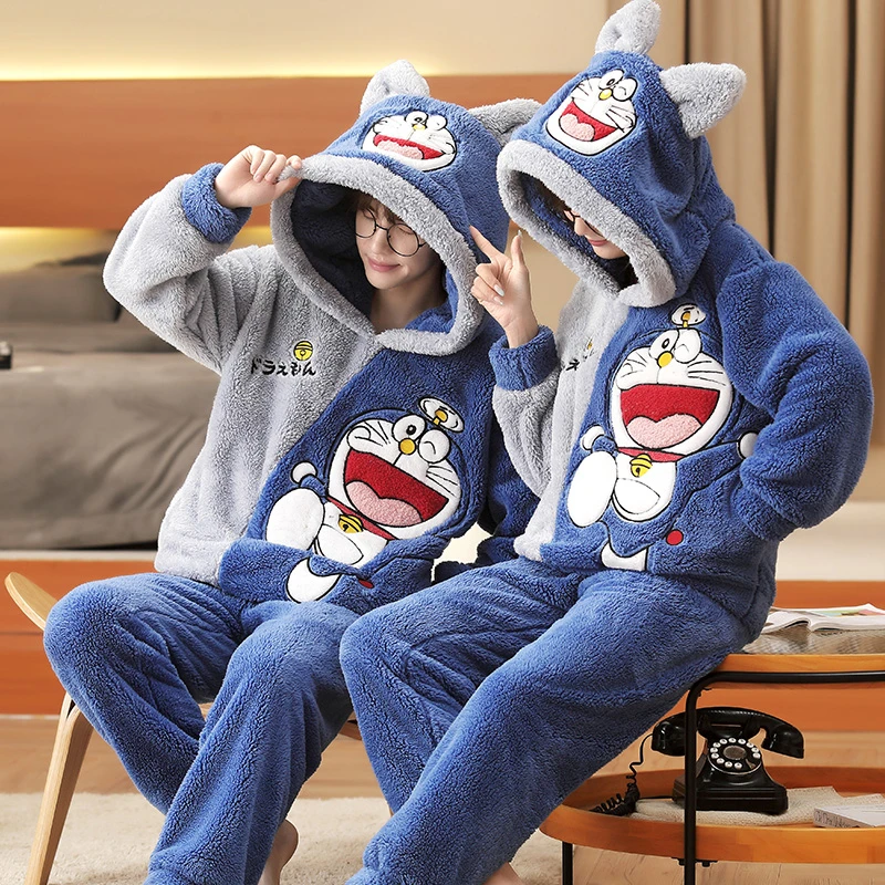 Winter Thicken Couple Pajamas Set Women Men Adult Pajama Anime Doraemon Korean Loose Lovers Homewear Hoodies Pyjamas Sleepwear