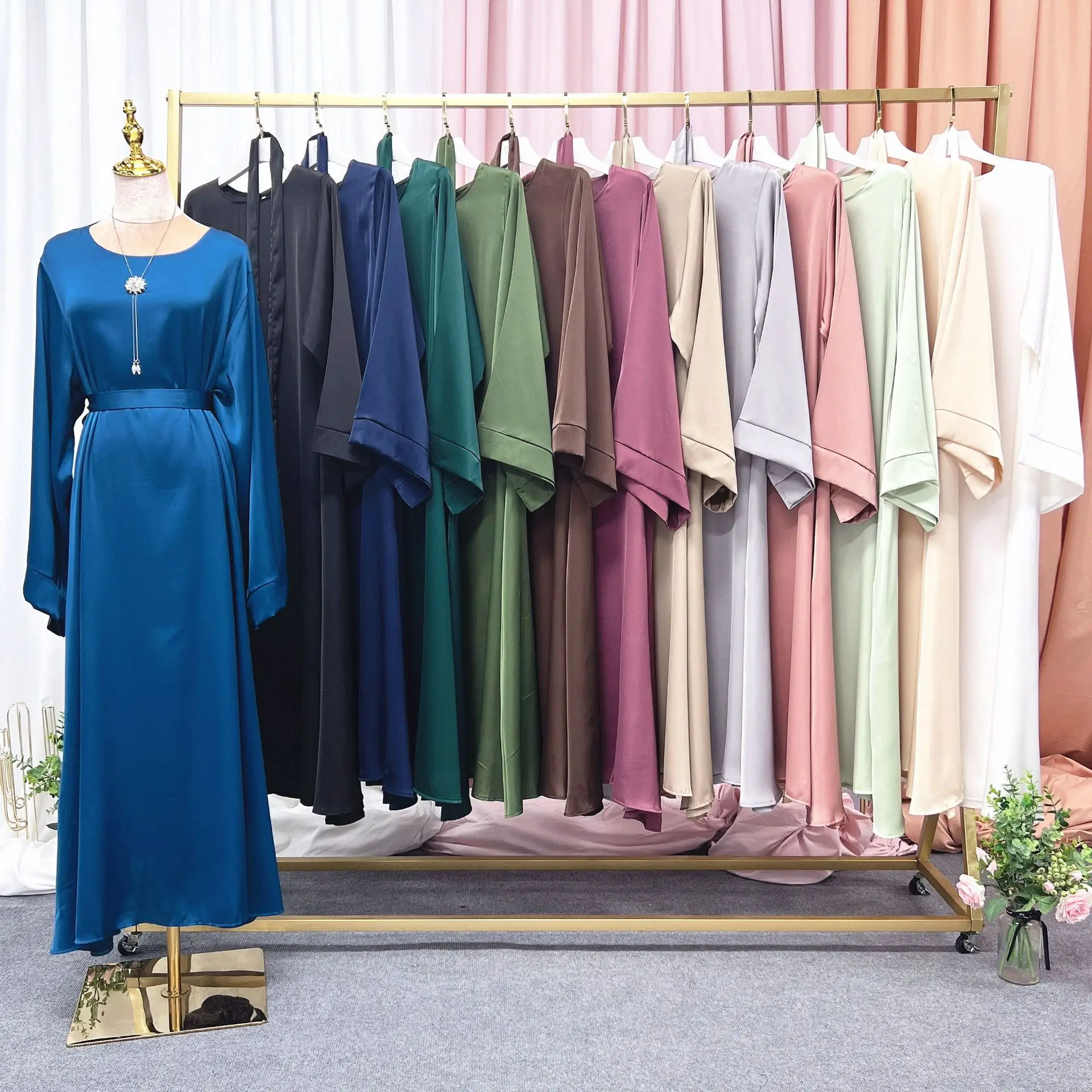 Классическое однотонное мусульманское платье с круглым вырезом разных цветов, летняя абайя для женщин Рамадан, ИД Мубарак, макси-платье, му...