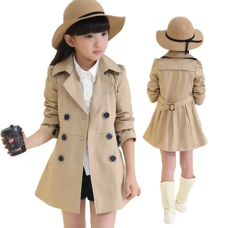 Girls Coat Spring and Autumn Girls Windbreaker Middle Big Children's Medium and Long Belt Trench Kids Clothes 12 13 14 Years Old