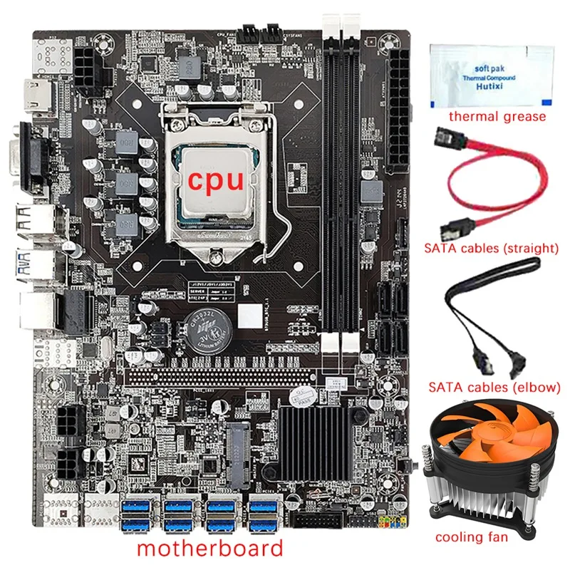 B75 8 GPU BTC Mining Motherboard+CPU+Fan+Thermal Grease+2X SATA Cable 8 USB3.0 To PCIE 1X Slot LGA1155 DDR3 RAM SATA3.0