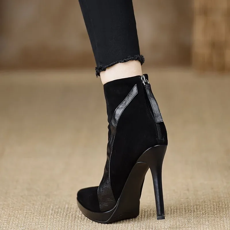 Ботильоны на высоком каблуке с острым носком женские замшевые туфли шпильке