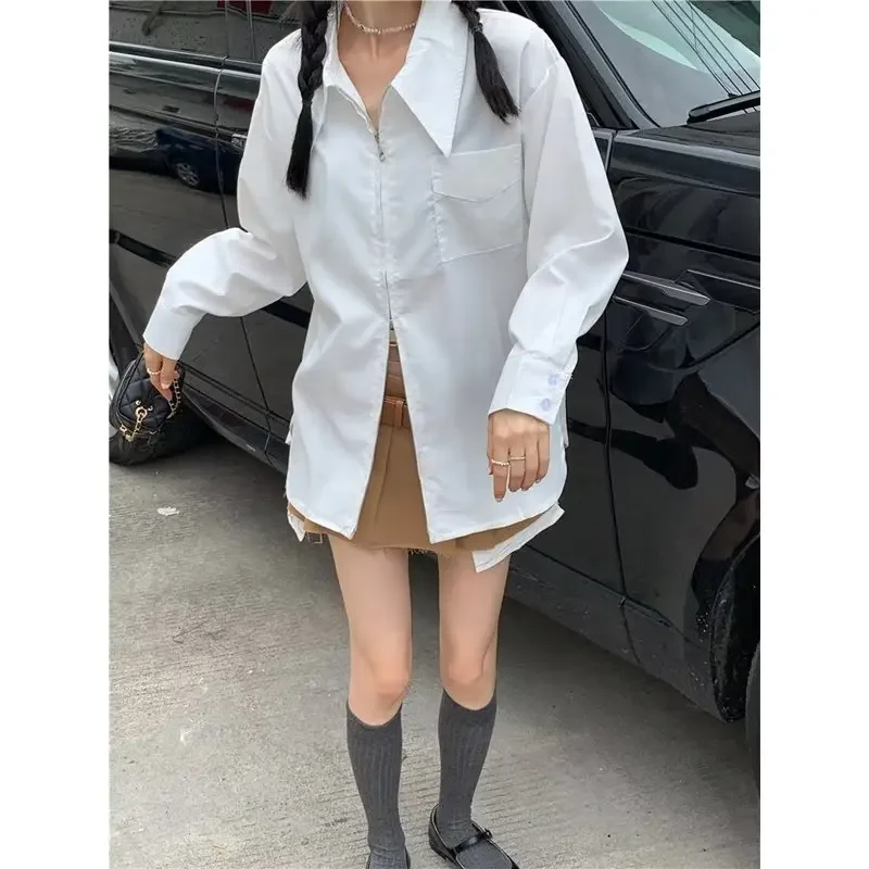 Новая однотонная рубашка с длинными рукавами на молнии женская весенне-летняя