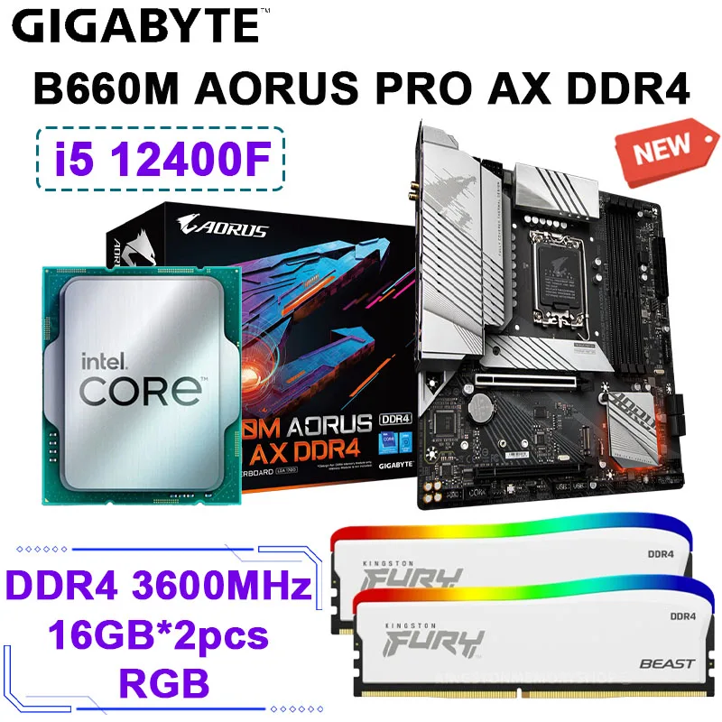 

GIGABYTE B660M AORUS PRO AX DDR4 Motherboard + Intel Core i5 12400F CPU + D4 3600MHz 16GB*2pcs RGB White Memory Set Combo NEW