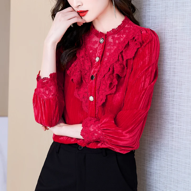

Summer Casual Fashion Corduroy Panel Lace Clothing Solid Long Sleeve Women Shirt Blouses Houthion