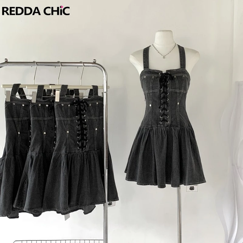 

Поясной корсет REDDACHiC, мини Плиссированное джинсовое платье с лямкой на шее, без рукавов, винтажная одежда Y2k, женское летнее цельное платье