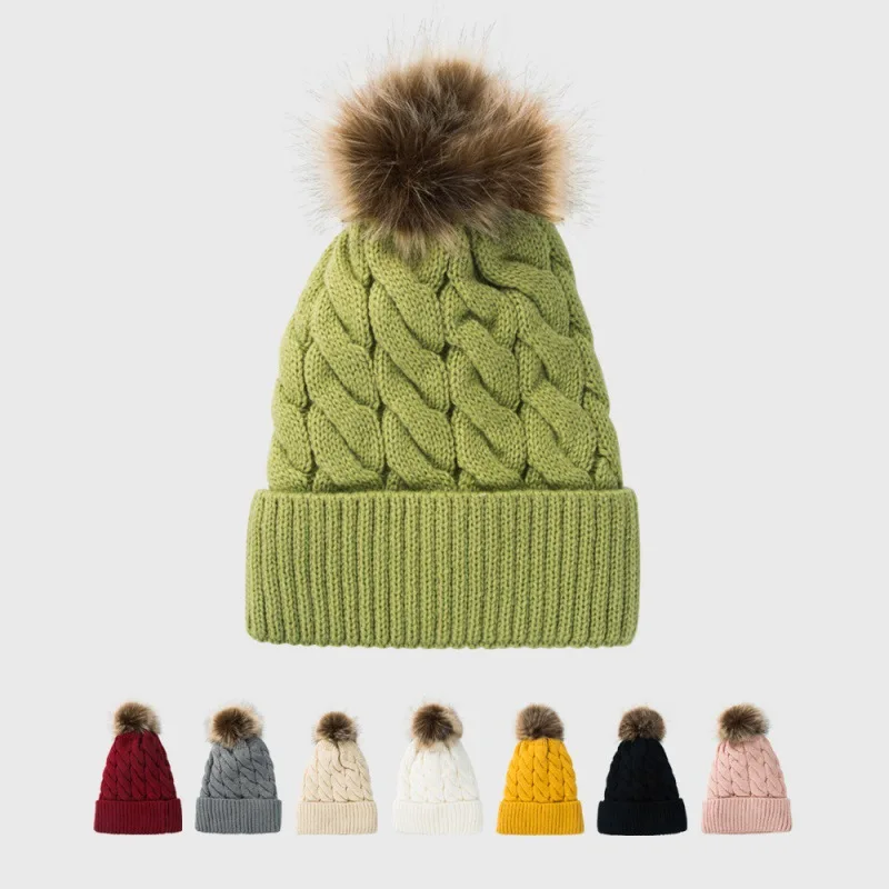 

2022 модная Женская осенне-зимняя утолщенная бархатная сохраняющая тепло однотонная шапка с меховым помпоном вязаные шапки