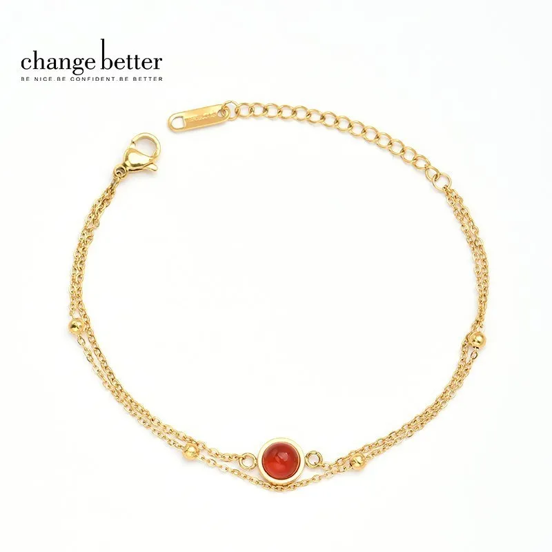 

CHANGE BETTER Natural Red Agate Titanium Steel Bracelet Women Bohe Gold Chain Double Layer Round Gemstone Fine Jewelry For Girls