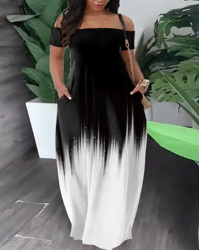 

Abstract Print Colorblock Off Shoulder Maxi Dress Fashion Sexy Dress 2023 Summer New Hot Sale Tourist Holiday Long Skirt