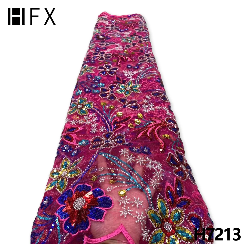 

HFX Fashion Luxury Sequin African Lace Fabric High Quality Beads French Tulle Lace Material For Nigeria Bridal Wedding Sew F7213