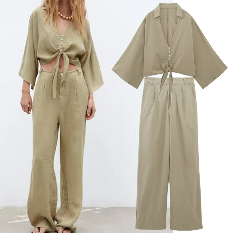

Jenny&Dave French Retro High Waist Loose Casual Pants Suit Ladies Sets Country Style Cotton Linen Bow Knot Short Shirt