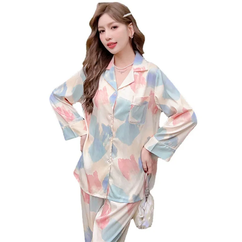 2023 Spring and Autumn New Pajamas Women's Artificial Silk Fashion Printed Long-Sleeved Trousers Cardigan Homewear Suit