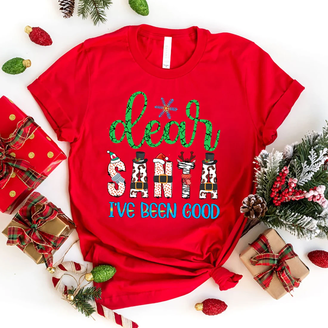 

New Unisex Fashion O Neck Tops Christmas Dear Santa I'Ve Been Good Printing Shirt Short Sleeve T Shirt Casual Shirt T Shirts