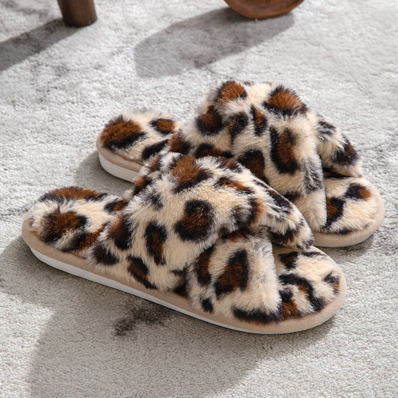 2023  Women's Cross Fur Leopard Winter Slipper Home Shoes For Female  Indoor House Floor Slippers