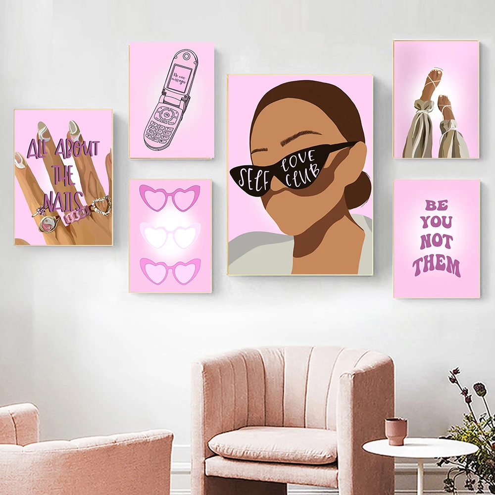

Pink Nails Fashion Poster 90s Retro Girl Sunglasses Canvas Painting Prints Chic Funky Feminism Wall Art Picture Room Home Decor