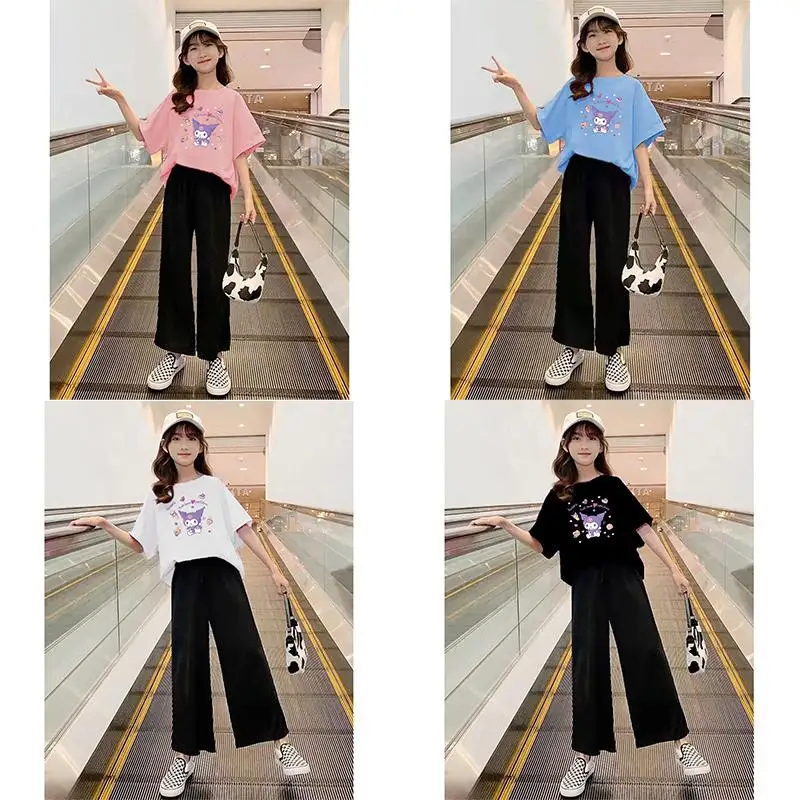 

Cartoon Cute Kawaii Sanrioed Kuromi New Pattern 2023 Summer Girls Sweet Casual Cotton Short Sleeved T-Shirt Wide Leg Pants Set