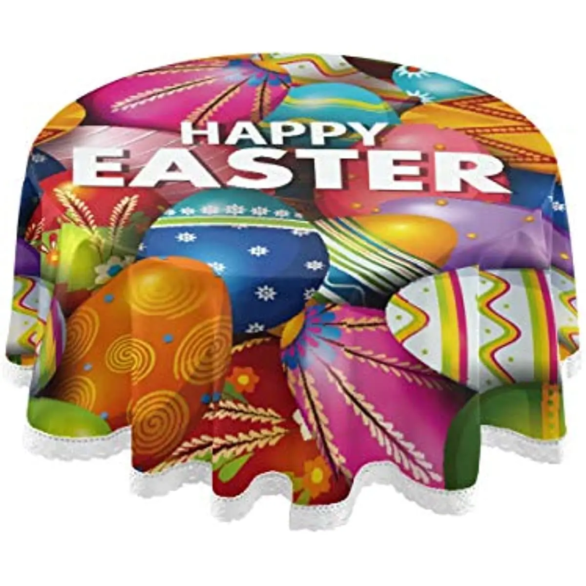 

60" Inch Round Tablecloth Circular Table Cover Happy Easter Rabbit for Buffet Table, Home,Parties, Holiday Dinner