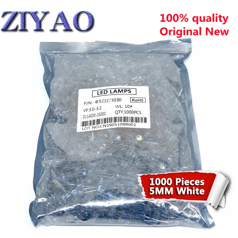 

1000 шт. белых светоизлучающих диодов, белые поворотные белые 5 мм светодиоды