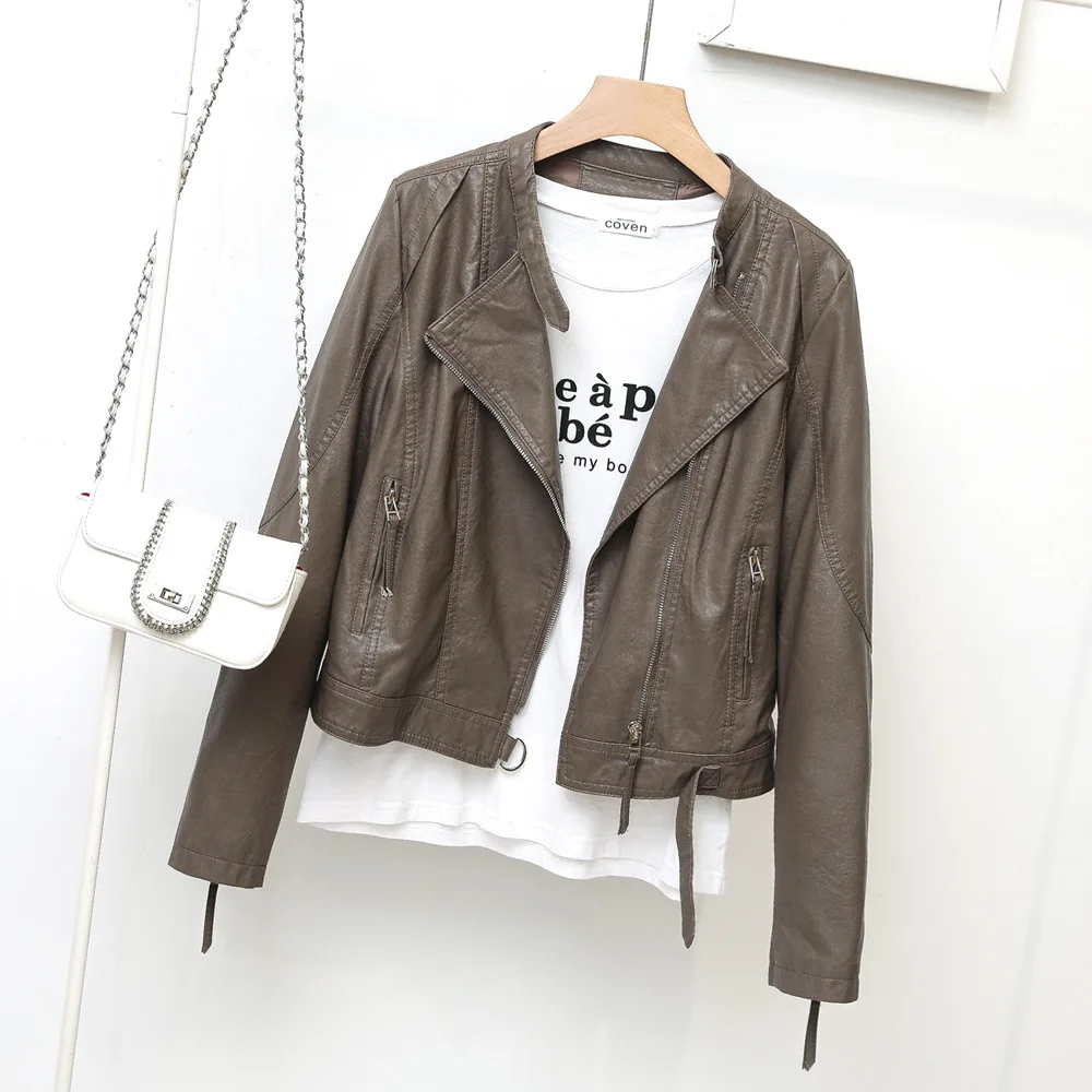 Autumn New Simple Stand Collar PU Leather Ladies Short Motorcycle Suit Slim Leather Jacket enlarge