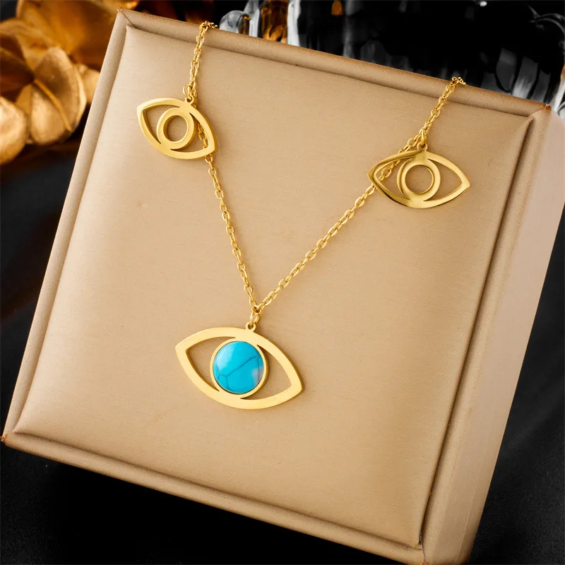 

316L Stainless Steel Big Eyes Blue Stone Pendant Necklace For Women Girl New Trend Clavicle Chain Jewelry Gift Party Wholesale