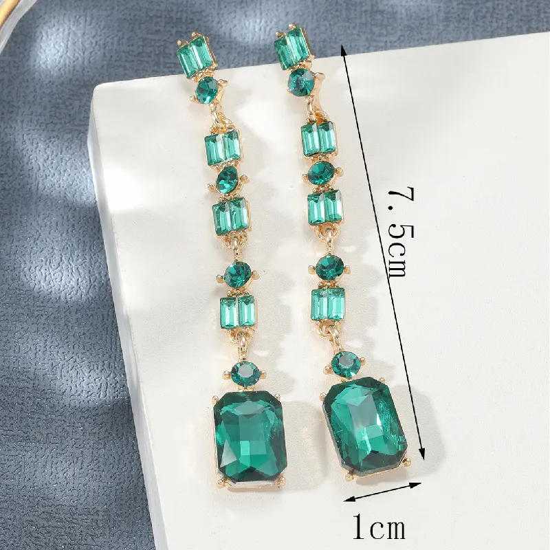 Retro Deep Green Geometric Square Pendant Long Drop Earrings for Women Jewelry