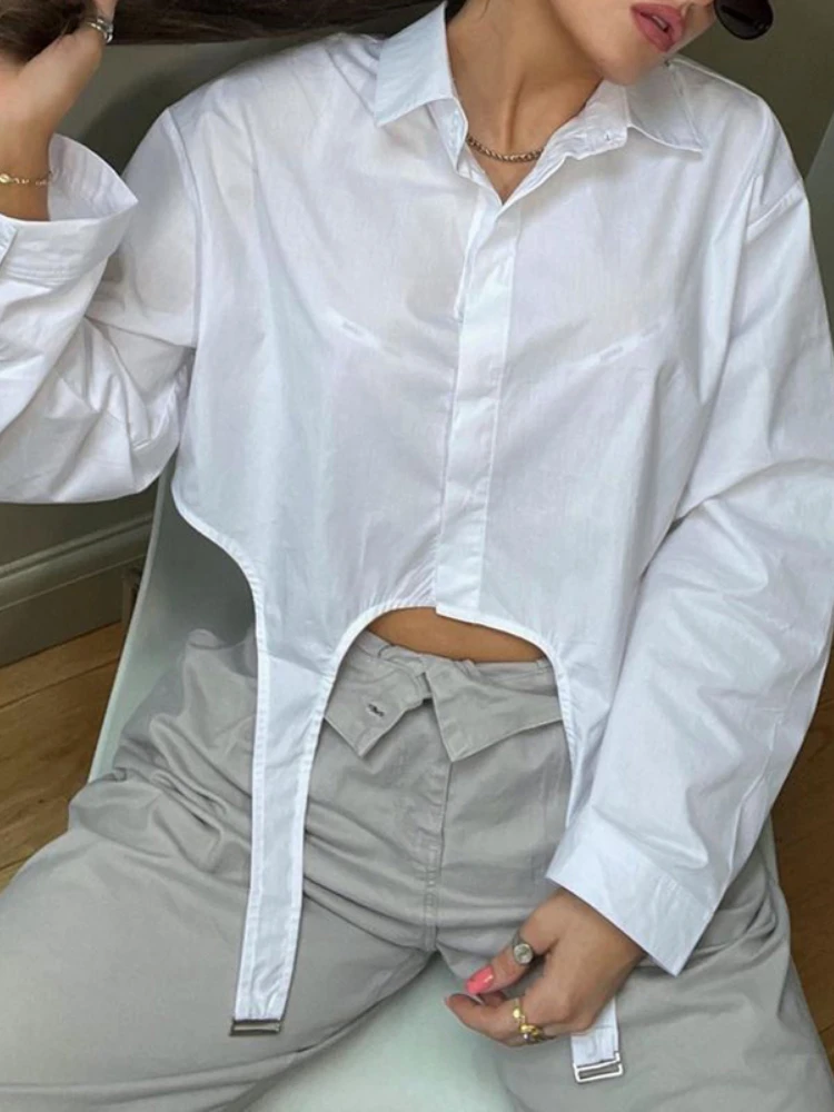 

Sunny Y.j. White Solid Irregular Hem Casual Crop Shirts Women Korean Fashion Button Up Long Sleeve Cardigan Tops Spring Autumn